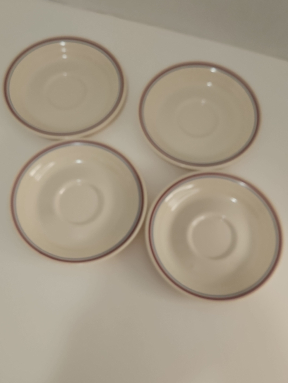 Corelle Saucers Retired Abundance Pattern, beige W/ Blue&Maroon Rings - Set of 4